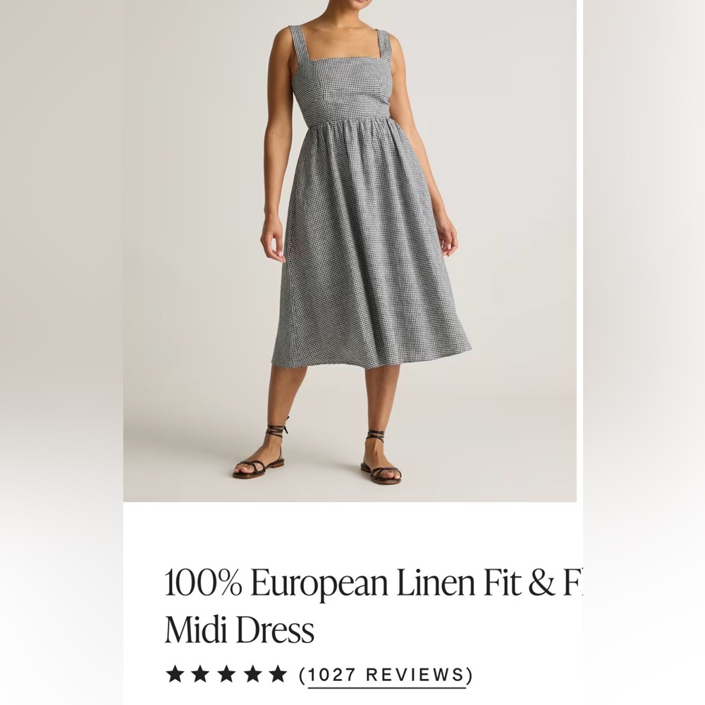 Quince 100% Linen Fit & Flare Midi Gingham Dress